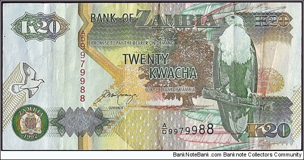 Zambia 1992 20 Kwacha. Banknote