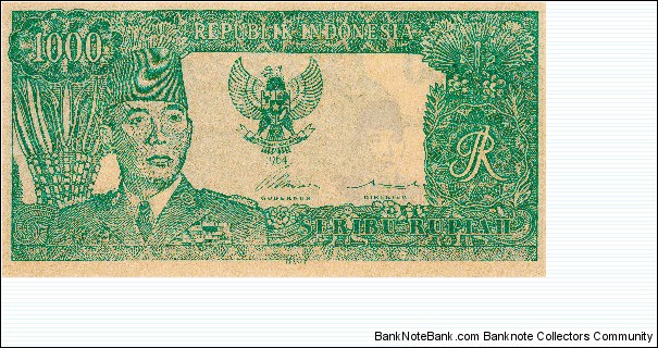 President Sukarno of Indonesia 1000 Rupiah Printed in France with water mark in Arabic script Not Legal Tender  Banknote