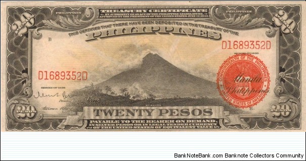 PI-85b RARE Philippine 20 Peso U.S. War Department note in series 3-3 Banknote