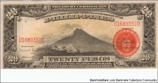 PI-85b RARE Philippine 20 Peso U.S. War Department note in series. 2-3 Banknote