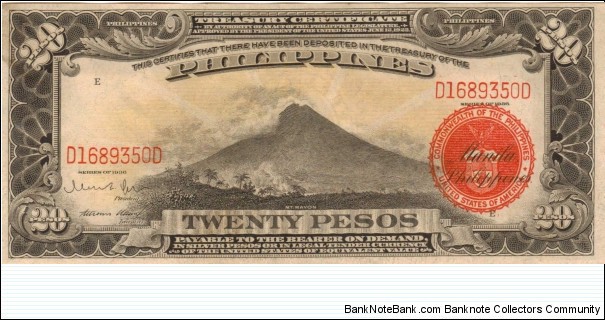 PI-85b RARE Philippine 20 Peso U.S. War Department note in series. 1-3. Banknote