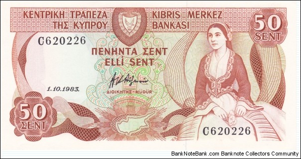 Cyprus P49a (50 cents 1/10-1983) Banknote