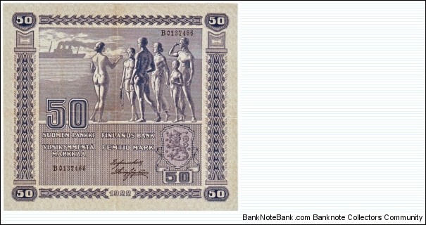 50 markkaa no Litt. marking. 
Notes size 135 X 118mm (inc 5,315 X 4,646) This note is made of 08.01.-31.01. 1923  Banknote