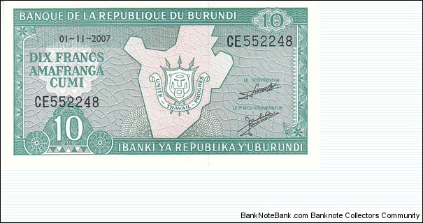 Burundi 10 Francs. Banknote for SELL. SELL PRICE IS: $0.5 Banknote