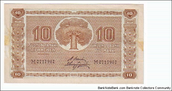 10 Markkaa No marking Litt. Serie M Banknote size 119 X 68mm (inch 4,685 X 2,677) This note is made of 31.01.-08.11.1922 Banknote