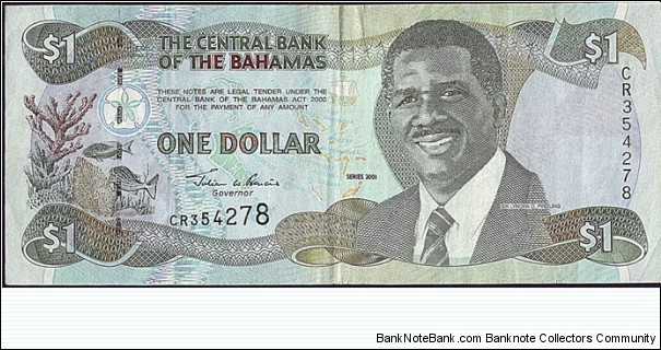 Bahamas 2001 1 Dollar.

This note was very controversial when it was put into circulation. Banknote
