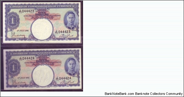 MALAYSIA / MALAYA :1 DOLLAR RUNNING PAIR 044423-044424 Banknote