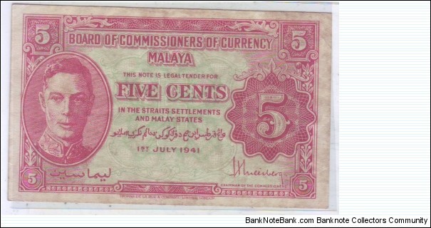 MALAYSIA / MALAYA : 5CENTS PREFIX 4  (RARE) Banknote