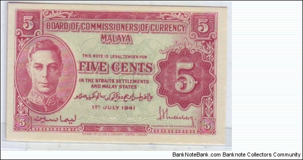 MALAYSIA / MALAYA :5CENTS PREFIX 3 Banknote