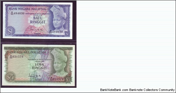 MALAYSIA 1ST SERIES BANK NOTES
1 RINGGIT & 5 RINGGIT
SIGNED BY ISMAIL ALI Banknote