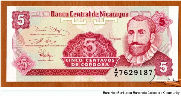 Nicaragua |
5 Centavos, 1991 |

Obverse: Francisco Hernández de Córdoba |
Reverse: National coat of arms and Plumeria flower (in Nicaragua known as Sacuanjoche) Banknote