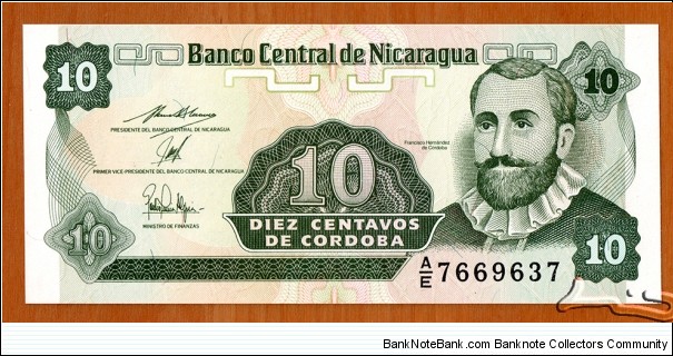 Nicaragua |
10 Centavos, 1991 |

Obverse: Francisco Hernández de Córdoba |
Reverse: National coat of arms and Plumeria flower (in Nicaragua known as Sacuanjoche) Banknote