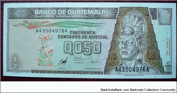 Banco de Guatemala |
½ Quetzal |

Obverse: Tecún Umán (~1500-1524), the last ruler of the K'iche' (Quiché) Maya people in nowadays Guatemala. He was slain by the Spanish Conquistador Don Pedro Alvarado (According to the Kaqchikel annals) |
Reverse: Tikal Temple - one of the largest archaeological sites and urban centres of the pre-Columbian Maya civilization (47m high) Banknote