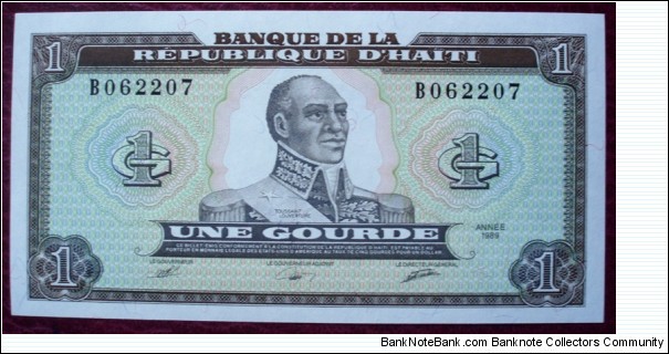 Banque de la République d'Haïti/Bank Repiblik Ayiti |
1 Gourde/Goud |

Obverse: Leader of the Haitian Revolution François-Dominique Toussaint L’Ouverture (1743-1803) |
Reverse: Coat of arms Banknote