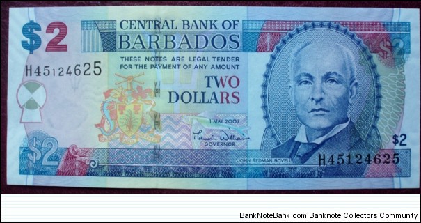 Central Bank of Barbados |
2 Dollars |

Obverse: John Redman Bovell, a Flying fish and National Coat of Arms |
Reverse: Trafalgar Square in Bridgetown |
Watermark: Neptune's broken trident Banknote