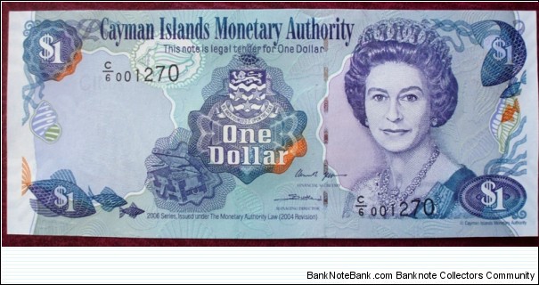 Cayman Islands Monetary Authority |
1 Dollar |

Obverse: Queen Elizabeth II and Treasure bin |
Reverse: Fish and Coral |
Watermark: Turtle Banknote
