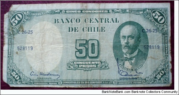 Banco Central de Chile |
5 Centésimos |

Obverse: Aníbal Pinto Garmendia (1825-1884) |
Reverse: Coat of Arms, Value  and Overprint value |
Watermark: The Chilean statesman Diego Portales Banknote