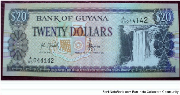Bank of Guyana |
20 Dollars |

Obverse: Coat of Arms, Kaieteur Falls on the Potaro River in central Guyana |
Reverse: Ship building and Ferry vessel Malali |
Watermark: Head of a Macaw parrot Banknote