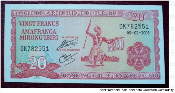 Ibanki ya Republika Y’Uburundi/Banque de la République du Burundi |
20 Francs |

Obverse: African dancer |
Reverse: National coat of arms Banknote