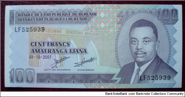 Ibanki ya Republika Y’Uburundi/Banque de la République du Burundi |
100 Francs |

Obverse: Prince Louis Rwagasore (1932-1961) |
Reverse: Home construction Banknote