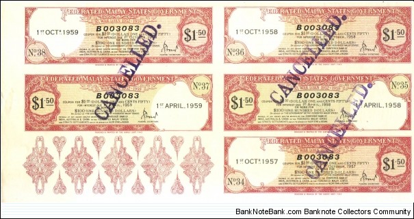 5 pcs 1957/1958/1959
WAR LOAN 1952-59
$1.50 Banknote