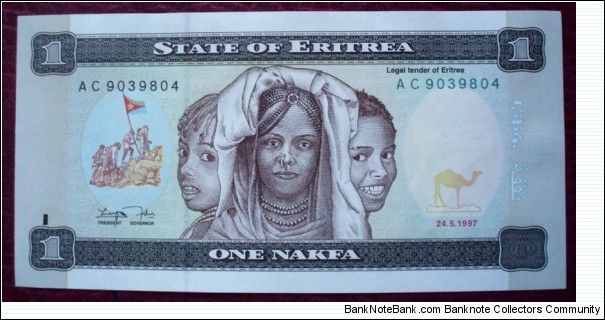 Bank of Eritrea |
1 Nakfa |

Obverse: Three girls and Flag of Eritrea |
Reverse: Children in bush school |
Watermark: Camels head Banknote