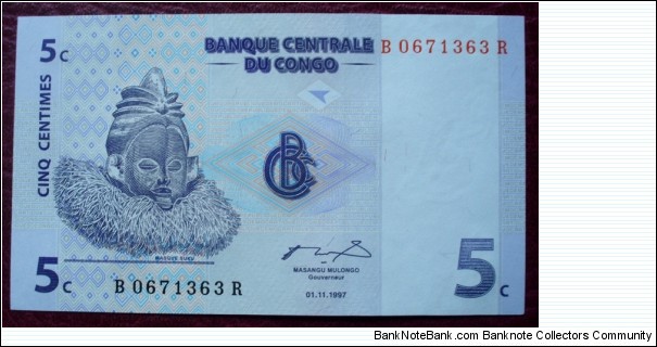 Banque Centrale du Congo |
5 Centimes |

Obverse: Suku mask |
Reverse: Zande harp |
Watermark: Head of an Okapi Banknote