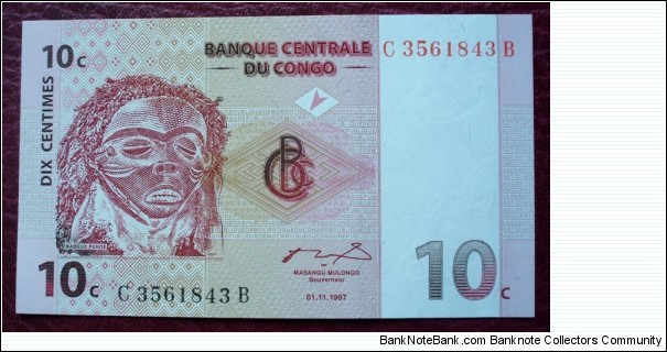 Banque Centrale du Congo |
10 Centimes |

Obverse: Pende mask |
Reverse: Pende dancers |
Watermark: Head of an Okapi Banknote