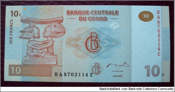 Banque Centrale du Congo |
10 Francs |

Obverse: Chief Luba headrest |
Reverse: Wooden Luba cutting |
Watermark: Head of an Okapi Banknote