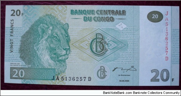 Banque Centrale du Congo |
20 Francs |

Obverse: Lion's head |
Reverse: Lioness with cubs in Kundelungu National Park |
Watermark: Head of an Okapi Banknote