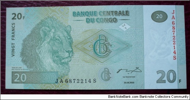 Banque Centrale du Congo |
20 Francs |

Obverse: Lion's head |
Reverse: Lioness with cubs in Kundelungu National Park |
Watermark: Head of an Okapi Banknote