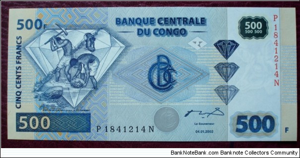 Banque Centrale du Congo |
500 Francs |

Obverse: Artisanal diamond mining |
Reverse: Diamond mining in narrow valley |
Watermark: Head of an Okapi Banknote