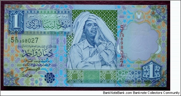 Central Bank of Libya |
1 Dinar |

Obverse: Mu‘ammar al-Qaḏāfī |
Reverse: Mosque |
Watermark: Libyan Coat of Arms Banknote
