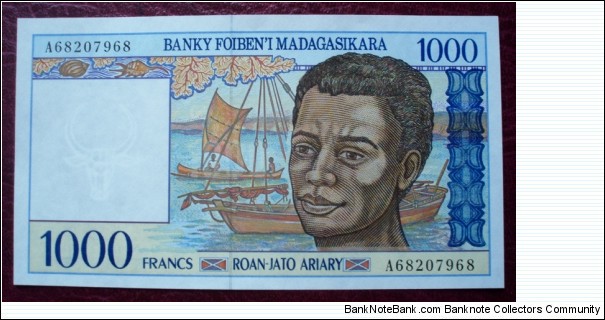 Banky Foiben’i Madagasikara/Banque Centrale du Madagascar |
500 Francs |

Obverse: Young boy with boats in background |
Reverse: Young woman with basket of shellfish and Fishermen tending the net near boat |
Watermark: Zebus head Banknote