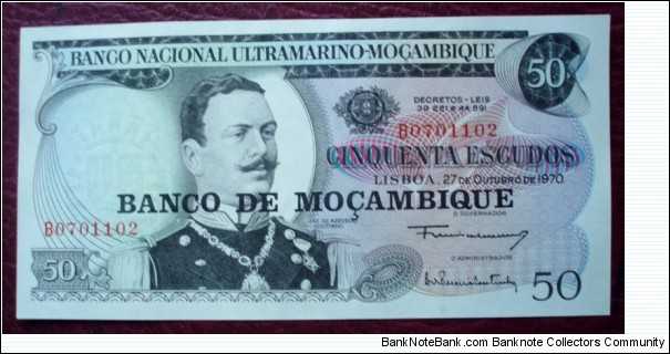 Banco Nacional Ultramarino |
50 Escudos |

Obverse: João António de Azevedo Coutinho |
Reverse: Seal of the Banco Nacional Ultramarino - Lisbon 1864 with a sailing ship and Coat of Arms |
Watermark: Mozambican coat of arms Banknote