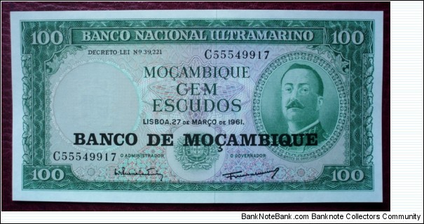 Banco Nacional Ultramarino |
100 Escudos |

Obverse: Aires de Ornelas de Vasconcelos (1837-1880) [was the Roman Catholic Archbishop of Goa] |
Reverse: Steamship |
Watermark: Mozambican coat of arms Banknote