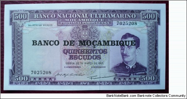 Banco Nacional Ultramarino |
500 Escudos |

Obverse: Alfredo Augusto Caldas Xavier (1852-1896) |
Reverse: Seal ship and Mozambican coat of arms |
Watermark: Caldas Xavier Banknote