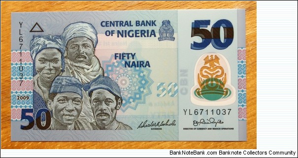 Central Bank of Nigeria |
50 Náírà/Naịra |

Obverse: Nigerians, varied citizenry |
Reverse: Fishermen with big catch |
Window: Central Bank of Nigeria logo Banknote