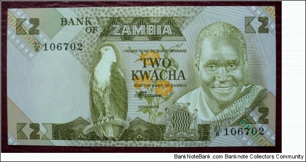 Bank of Zambia |
2 Kwacha |

Obverse: The first president of Zambia; Kenneth David Kaunda, African Fish Eagle (the national bird of Zambia), Flowers and Coat of arms |
Reverse: Teacher with student and A school building |
Watermark: Profile portrait of Kenneth Kaunda Banknote