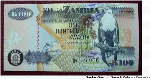 Bank of Zambia |
100 Kwacha |

Obverse: Palm tree and African Fish Eagle and Coat of Arms |
Reverse: Water buffalo, Victoria Falls and Freedom Statue 