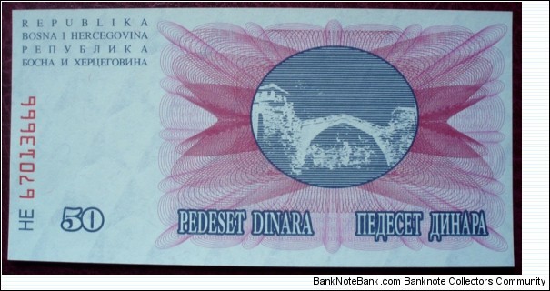 Narodna Banka Bosne i Hercegovine |
50 Dinara |

Obverse: Stone Bridge in Mostar |
Reverse: Value |
Watermark: Symmetrical patterns Banknote