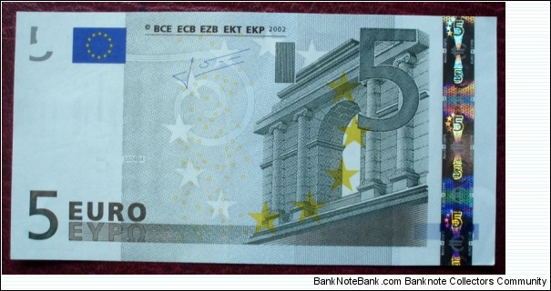 European Central Bank |
5 Euros |

Obverse: Classical architecture: Arch gate |
Reverse: Classical architecture: Bridge with arches and Map of Europe |
Watermark: Classical arch gate and the no. 5 Banknote