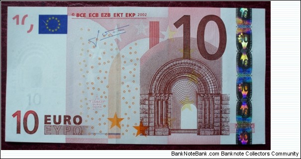 European Central Bank |
10 Euros |

Obverse: Romanesque architecture: Arch gate |
Reverse: Romanesque architecture: Bridge with arches and Map of Europe |
Watermark: Romanesque arch gate and the no. 10 Banknote