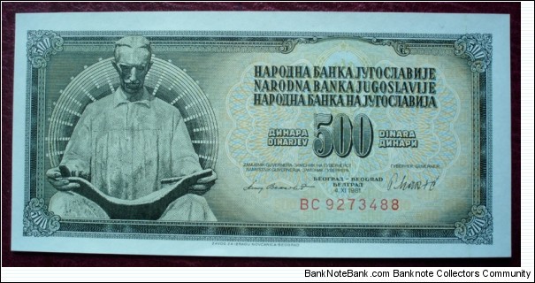 Narodna Banka Jugoslavije/Narodna Banka na Jugoslavija |
500 Dinara |

Obverse: Statue of Nikola Tesla in Niagara Falls State Park on Goat Island in New York |
Reverse: Value in the languages of the Yugoslav Republic Banknote