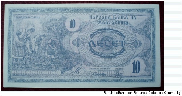Narodna Banka na Makedonija |
10 Denari |

Obverse: Farmers harvesting |
Reverse: Ilinden monument in Kruševo Banknote
