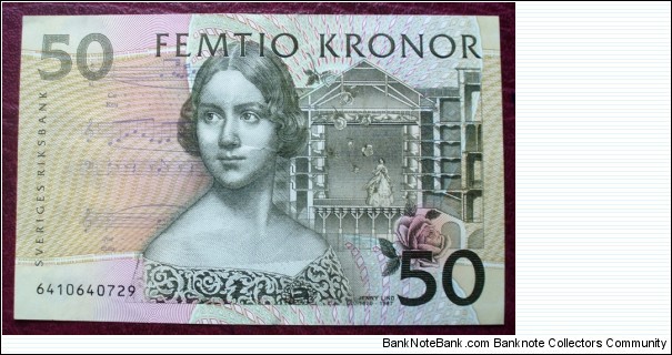 Sveriges Riksbank |
50 Kronor |

Obverse: Singer Jenny Lind (1820-1887), Musical notes (scores) from Vincenzo Bellini's opera Noma, A drawing of Stockholm's old opera house and A rose |
Reverse: An excerpt from the score of Sven-David Sandström's 