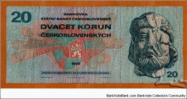 Czechoslovak Socialist Republic | 
20 Korun, 1970 | 

Obverse: Ján Žižka (~1360-1424), was a Czech general, a contemporary, and Hussite military leader, who is widely considered a Czech national hero, and National Coat of Arms | 

Reverse: Imitation of a codex illustration of Jan Žižka on the white horse at the head of Hussites | Banknote