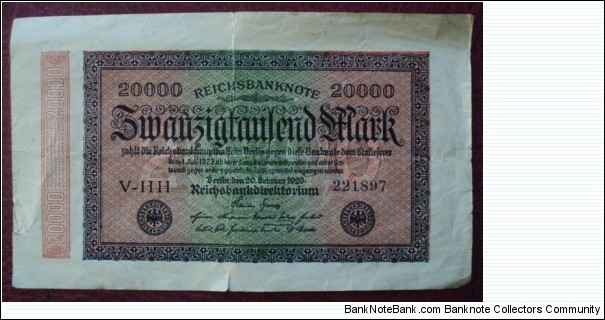Reichsbank |
20,000 Papiermark |

Obverse: Ornamental designs and Bank seal |
Reverse: Guilloche rosettes, Ornamental designs with denomination |
Watermark: Letter within 6-pointed stars and elongated Z's repeated throughout Banknote