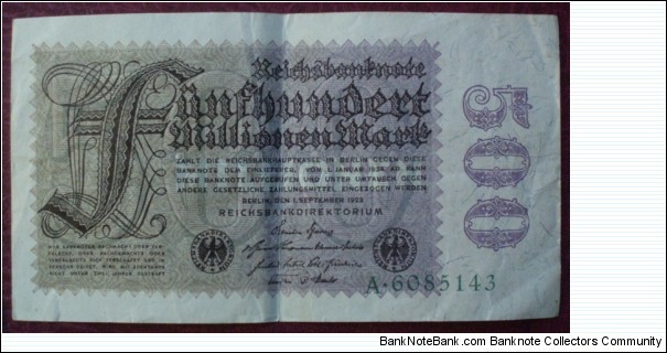 Reichsbank |
500,000,000 Papiermark |

Obverse: Denomination |
Reverse: Blank Banknote