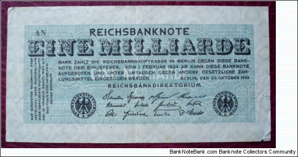 Reichsbank |
1,000,000,000 Papiermark |

Obverse: Denomination |
Reverse: Blank Banknote
